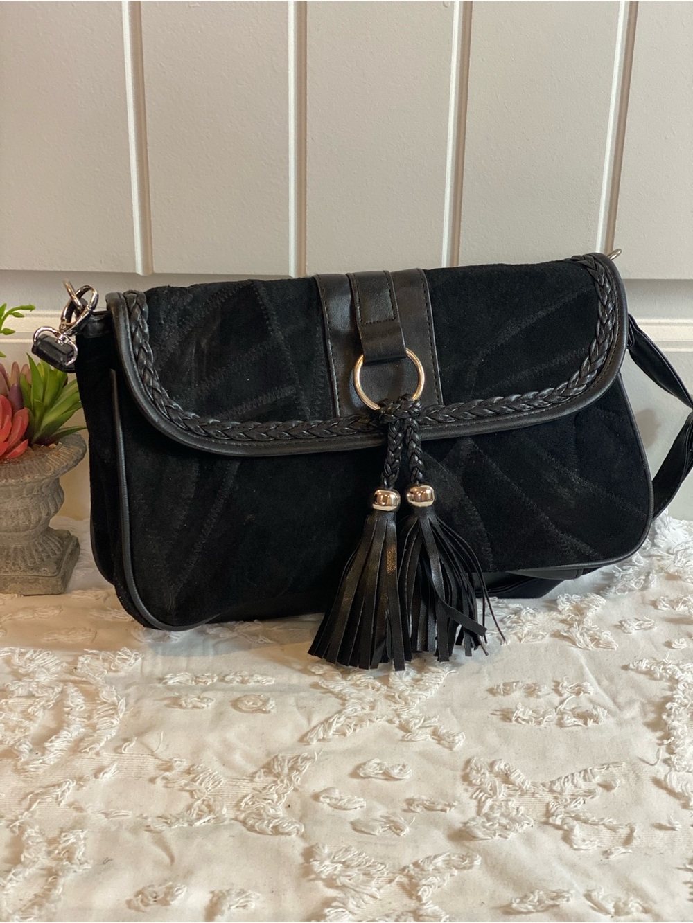 Source Unknown Black Suede Shoulder Bag with Braided Trim and Tassels